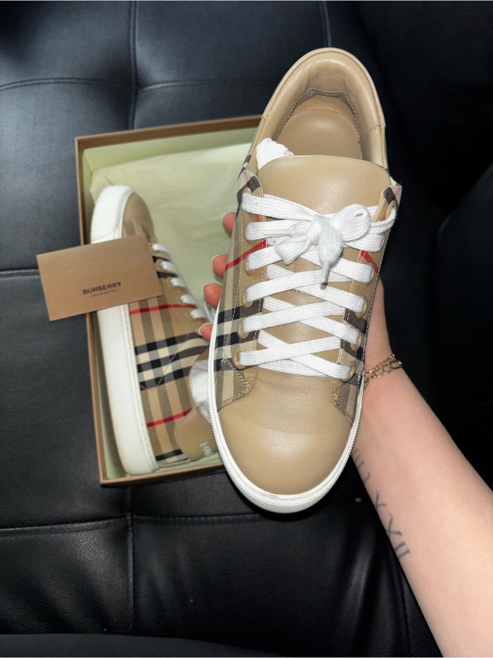 Burberry Beige Leather Sneakers with Signature Check Panels